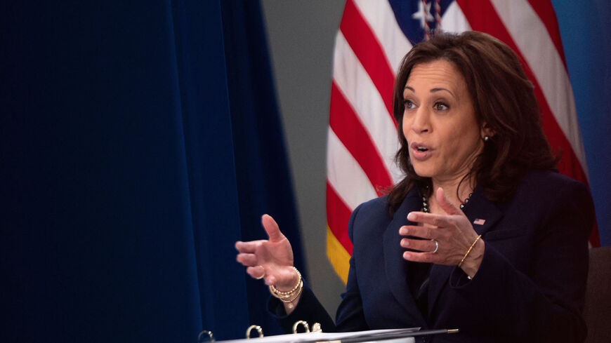 US Vice President Kamala Harris meets virtually with the founding members of the Covid-19 Community Corps in the South Court Auditorium of the White House in Washington, DC, on April 1, 2021. 