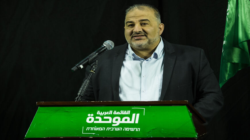 Mansour Abbas, head of the United Arab Party (Ra'am), delivers a speech in Nazareth, Israel, April 1, 2021.