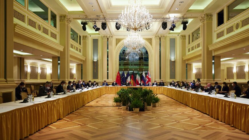 In this handout provided by the EU Delegation in Vienna, Representatives of the European Union, Iran and others attend the Iran nuclear talks at the Grand Hotel on April 15, 2021, in Vienna, Austria. 