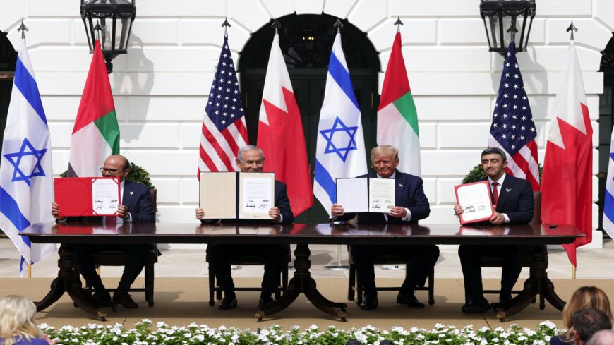 Foreign Affairs Minister of Bahrain Abdullatif bin Rashid Al Zayani, Prime Minister of Israel Benjamin Netanyahu, US President Donald Trump, and Foreign Affairs Minister of the United Arab Emirates Abdullah bin Zayed bin Sultan Al Nahyan participate in the signing ceremony of the Abraham Accords on the South Lawn of the White House on September 15, 2020, in Washington, DC. Prime Minister Netanyahu signed a peace deal with the UAE and a declaration of intent to make peace with Bahrain. 