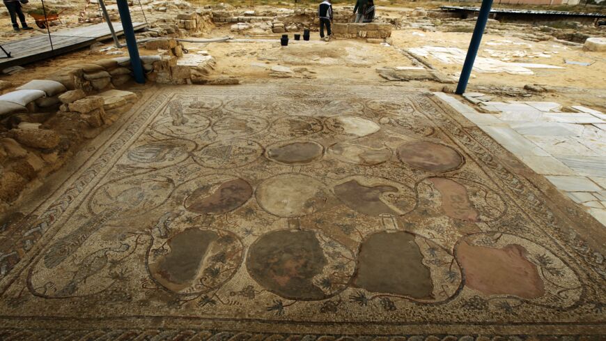 A large mosaic is pictured at the archaeological site of the St. Hilarion Monastery, one of the largest Christian monasteries in the Middle East, in Tell Umm al-Amr close to Deir al-Balah, in the central Gaza Strip, on March 19, 2013. The earliest building dates back to the fourth century and is attributed to St. Hilarion, a native of the Gaza region and the father of Palestinian monasticism. Abandoned after a seventh-century earthquake and uncovered by local archaeologists in 1999, today the settlement asp