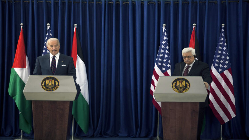 US Vice President Joe Biden (L) holds a joint press conference with Palestinian President Mahmoud Abbas after their meeting at the presidential compound, Ramallah, West Bank, March 10, 2010.