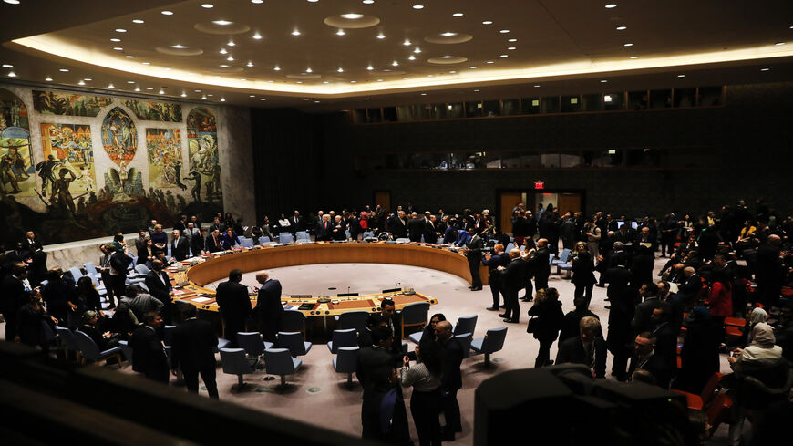 The United Nations Security Council meets to hear from Palestinian President Mahmoud Abbas at the UN, New York, Feb. 11, 2020.
