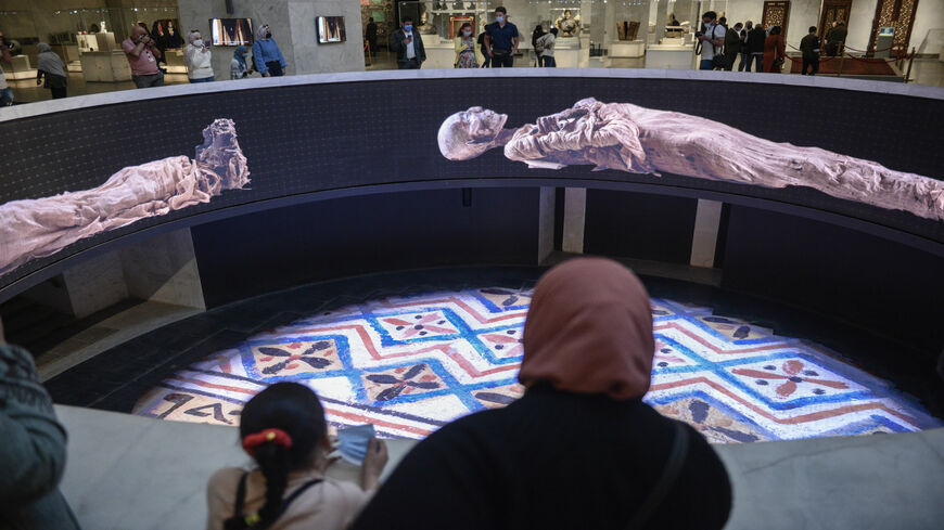 A screening about the royal mummies inside the new National Museum of Egyptian Civilization, in Cairo, Egypt, April 04, 2021.