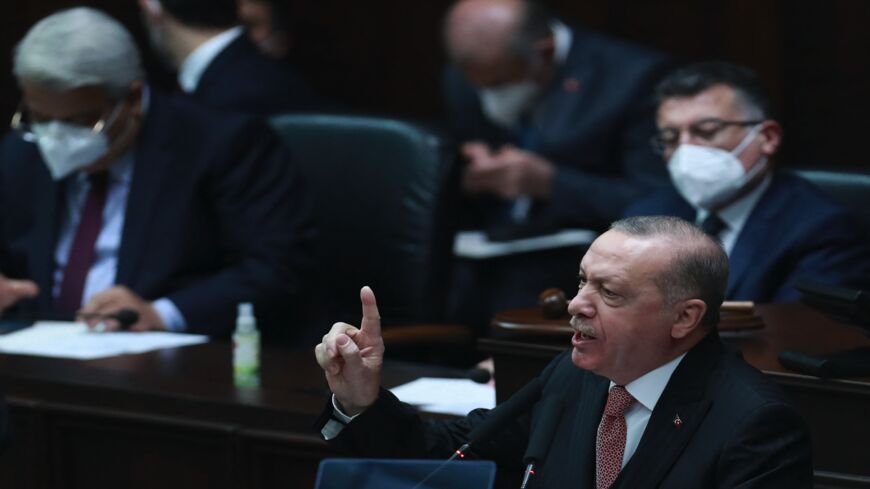 Turkish President and leader of the Justice and Development Party Recep Tayyip Erdogan speaks during his ruling party's group meeting at the Grand National Assembly of Turkey in Ankara on April 21, 2021. 