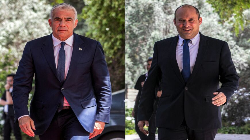 This combination of pictures taken on May 5, 2021, shows (L to R) leader of Israel's Yesh Atid (There Is a Future) party Yair Lapid, and leader of the Yamina (Right) party Naftali Bennett, arriving at the Israeli president's residence in Jerusalem.