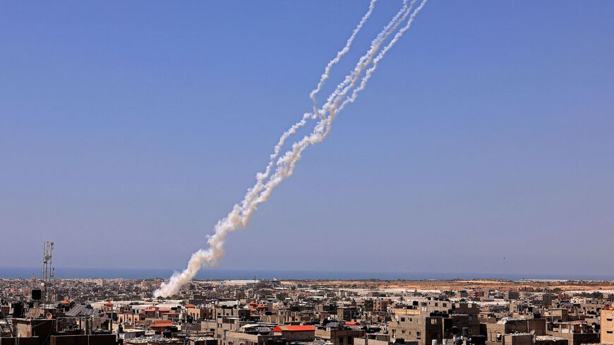 Rockets are launched towards Israel from Rafah, in the south of the Gaza Strip, controlled by the Palestinian Hamas movement, on May 12, 2021.