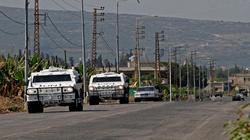 United Nations peacekeeping forces in Lebanon (UNIFIL) patrol in the town of Qlaile, Lebanon, May 14, 2021. Three rockets were fired from southern Lebanon toward Israel, a Lebanese military source said.
