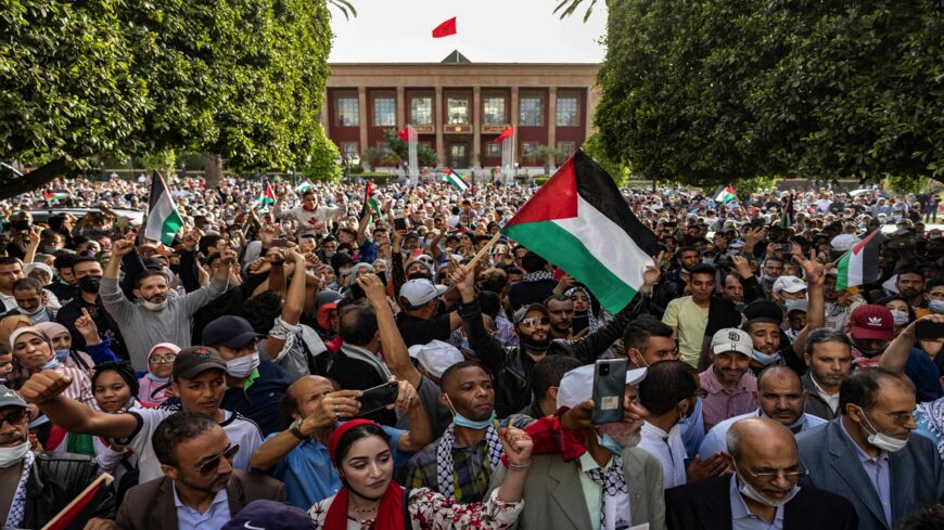 Moroccans demonstrate, calling for an end to violence in Gaza and against the normalization with Israel, in the capital, Rabat, on May 16, 2021. 