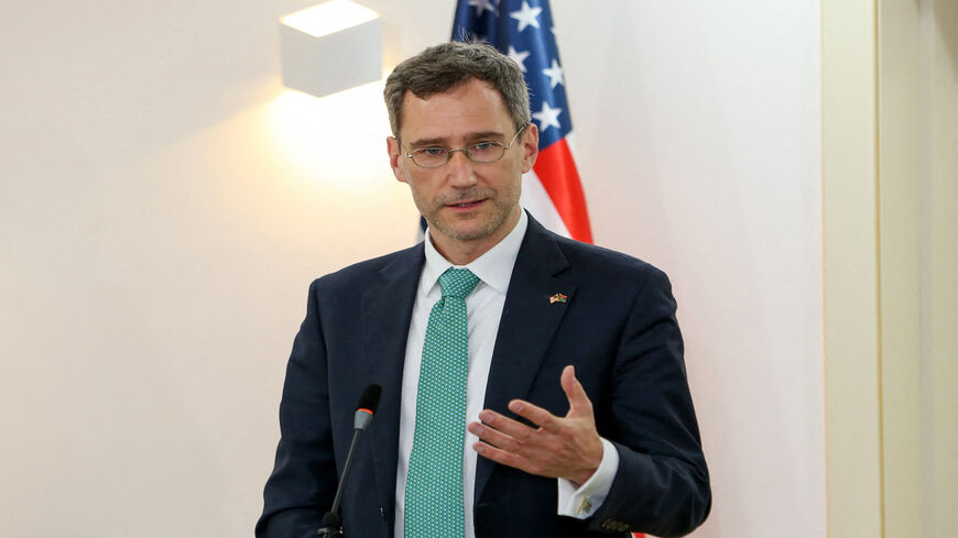 Senior US State Department official Joey Hood delivers a statement in Tripoli during a visit to Libya, in a show of support for the country's transitional government, May 18, 2021.