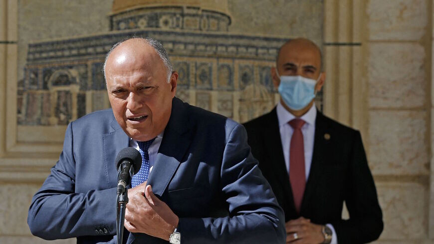 Egyptian Foreign Minister Sameh Shoukry speaks during a press conference in the West Bank city of Ramallah on May 24, 2021. 