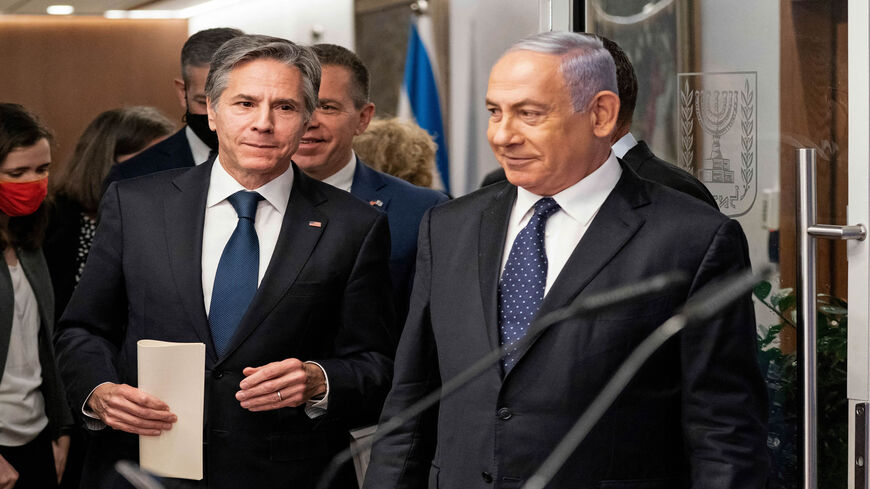 Israeli Prime Minister Benjamin Netanyahu (R) and US Secretary of State Antony Blinken arrive for a joint press conference, days after an Egypt-brokered truce halted fighting between the Jewish state and Hamas in the Gaza Strip, Jerusalem, May 25, 2021.