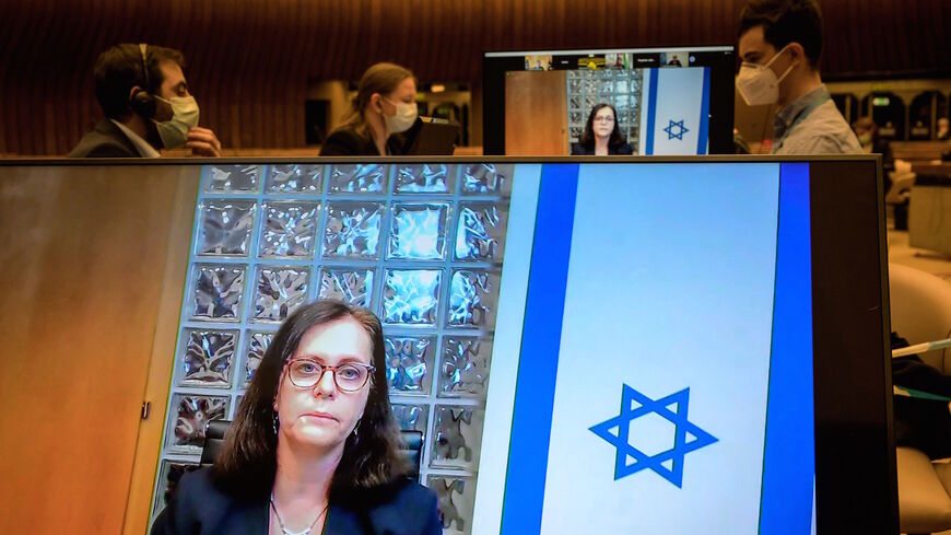 Israeli Ambassador Meirav Eilon Shahar delivers a speech during a UN Human Rights Council emergency meeting on occupied Palestinian territory including East Jerusalem in Geneva on May 27, 2021.