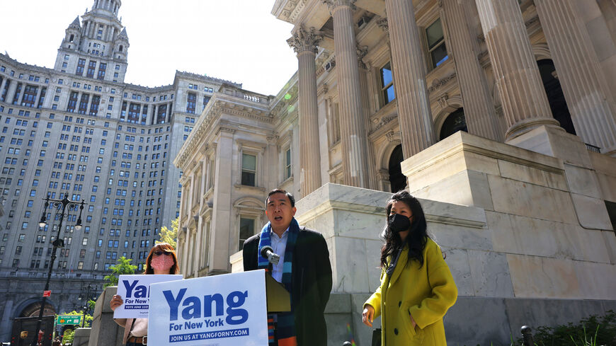 NYC mayoral candidate Andrew Yang speaks at a press conference at Tweed Courthouse in Manhattan on May 11, 2021 in New York City. 