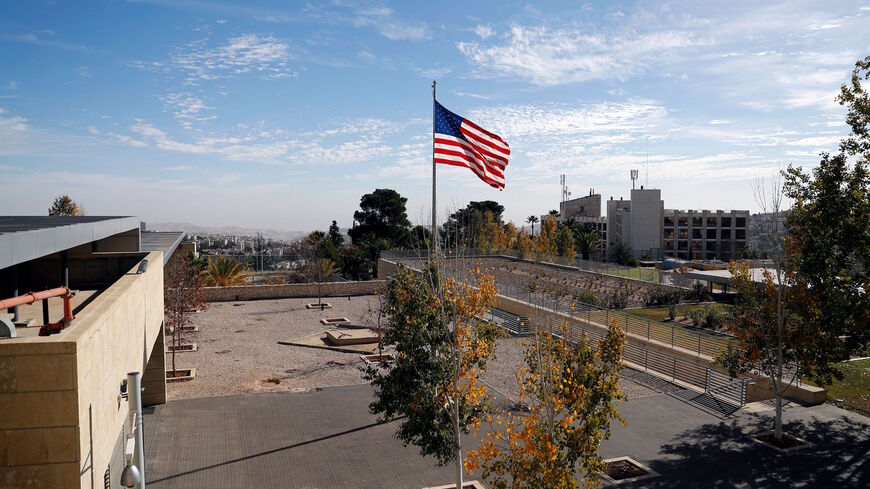 A picture taken on December 12, 2017, shows a partial view of the US consulate building complex in Jerusalem with the US flag flying. 