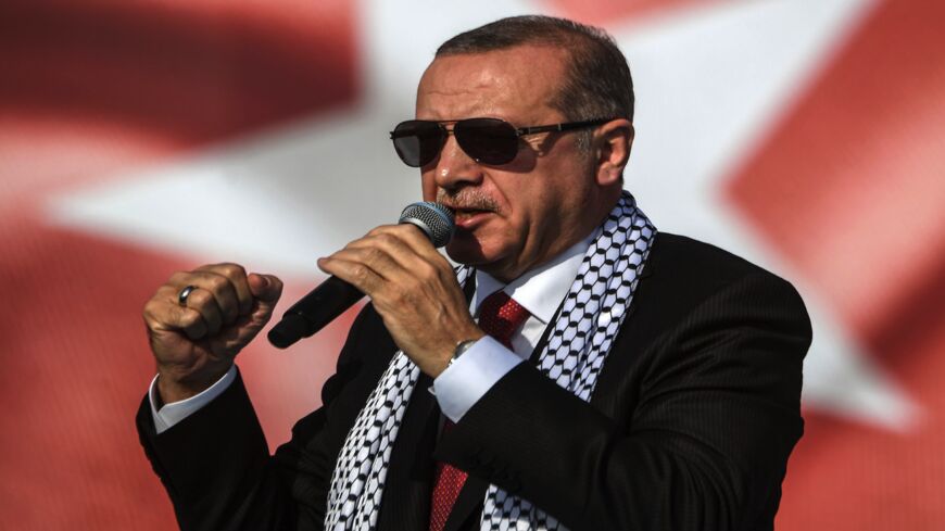 Turkish President Recep Tayyip Erdogan addresses a protest rally in Istanbul on May 18, 2018, against the recent killings of Palestinian protesters on the Gaza-Israel border and the US Embassy move to Jerusalem.