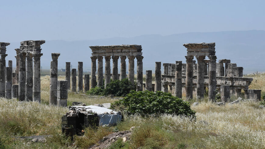 This picture shows a view of the Great Colonnade at the Greco-Roman ruins of the ancient city of Apamea, close to the town of Qalaat al-Madiq, after it was taken by government forces, Syria, May 17, 2019.