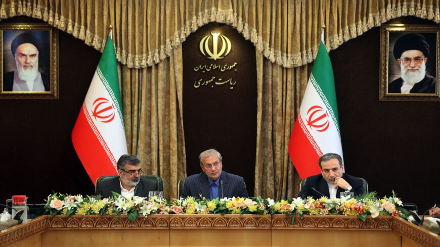 Iran's Atomic Energy Organization spokesman Behrouz Kamalvandi, government spokesman Ali Rabiei and Deputy Foreign Minister Abbas Araghchi give a joint press conference at the presidential headquarters in the capital, Tehran, on July 7, 2019. 
