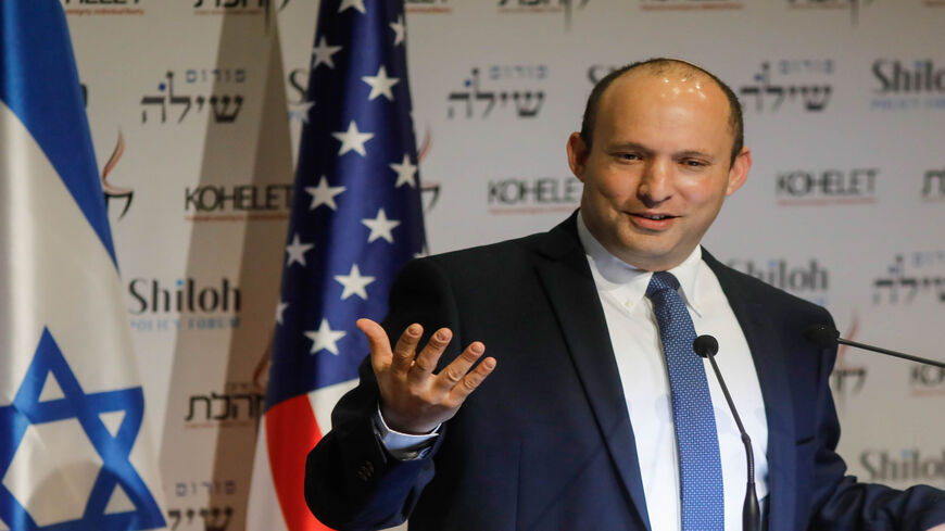 Israeli Defense Minister Naftali Bennett speaks at the Kohelet Policy Forum conference, where he warned Israel would strike a "resounding blow" if attacked by Iran, Jerusalem, Jan. 8, 2020.