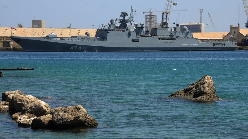 This picture taken on March 1, 2021, shows a view of the Russian Navy frigate RFS Admiral Grigorovich (494), anchored in Port Sudan.