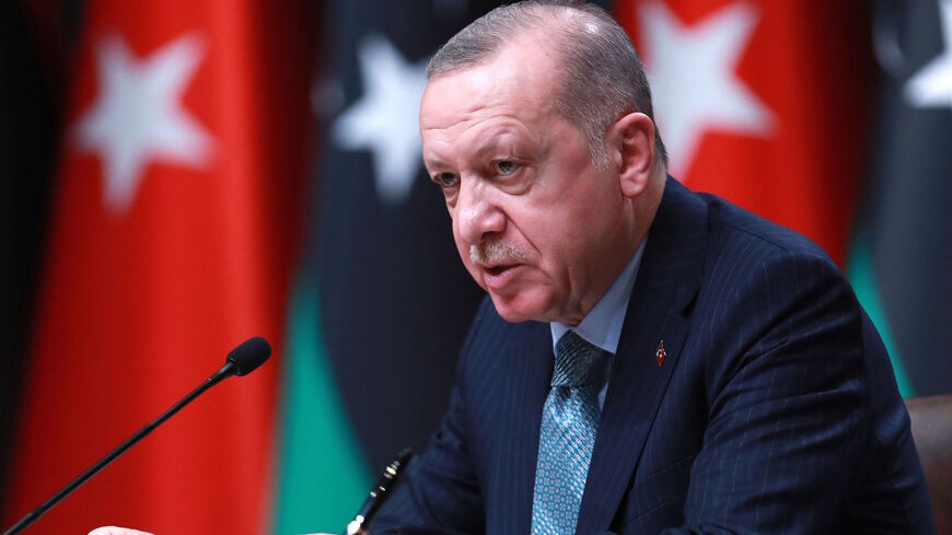 Turkish President Recep Tayyip Erdogan delivers a speech after a signing ceremony with Libyan Government of National Unity Prime Minister at the Presidential Complex in Ankara, on April 12, 2021. 