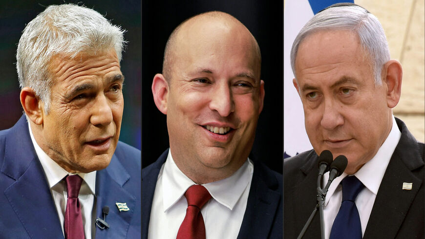 This combination of pictures shows (L to R) Yair Lapid of the Yesh Atid party speaking during an interview in Jerusalem on March 7, 2021; Naftali Bennett of the Yamina party speaking to reporters at a conference in Jerusalem on March 15, 2021; and Israeli Prime Minister Benjamin Netanyahu of the Likud party speaking during a ceremony marking Yom HaZikaron, Israel's Memorial Day, in Jerusalem on April 13, 2021.