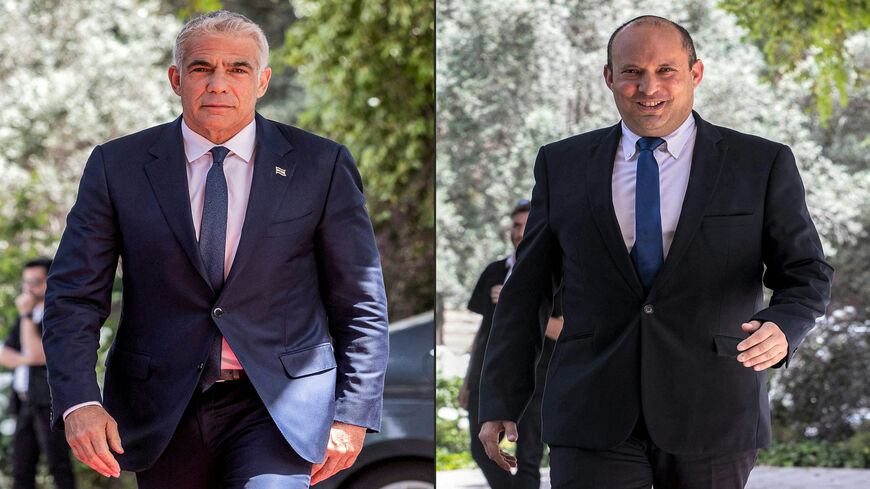 This combination of pictures shows (L to R) leader of Israel's Yesh Atid party Yair Lapid and leader of the Yamina party Naftali Bennett, arriving at the president's residence, Jerusalem, May 5, 2021.