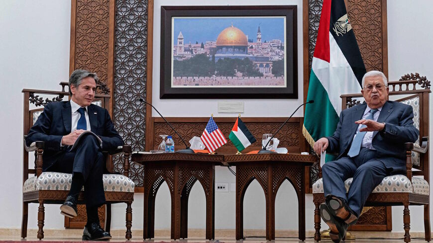 US Secretary of State Antony Blinken (L) and Palestinian president Mahmud Abbas give a joint statement, on May 25, 2021, at the Palestinian Authority headquarters in the West Bank city of Ramallah. 