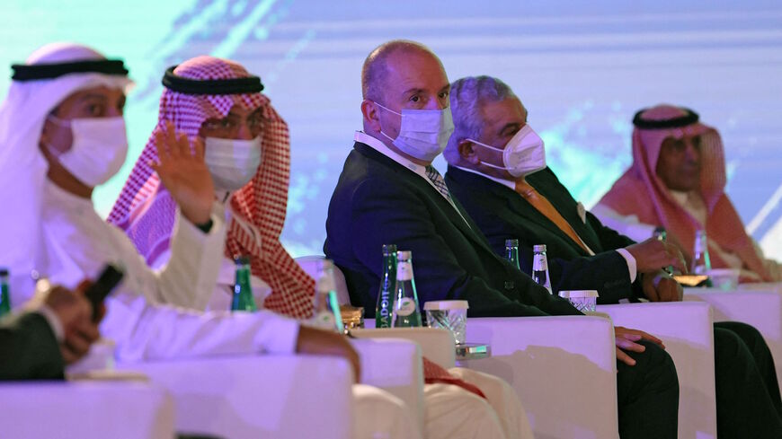 Syrian Tourism Minister Mohammed Rami Martini (C) attends a tourism conference in the Saudi capital Riyadh on May 26, 2021, despite tense relations between the two countries.  