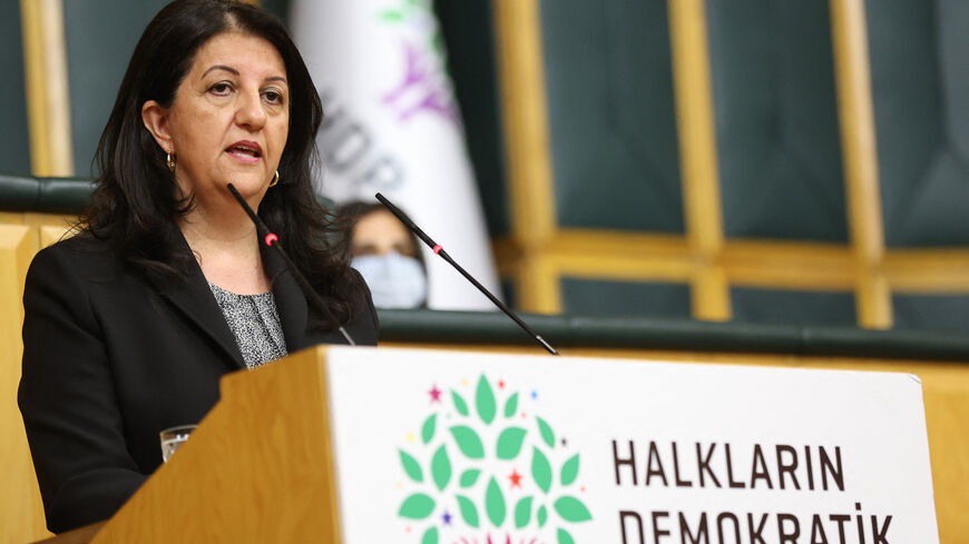 Peoples' Democratic Party (HDP) co-chair Pervin Buldan delivers a speech during the party's parliamentary group Meeting in Ankara on June 8, 2021. (Photo by Adem ALTAN / AFP) (Photo by ADEM ALTAN/AFP via Getty Images)