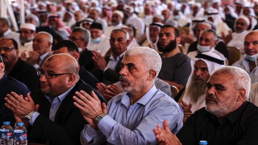 Yahya Sinwar (C), Hamas' political chief in Gaza, attends a rally organized by the representatives of prominent families (mokhtar) in support of "the Palestinian resistance" in Gaza City, on June 20, 2021.