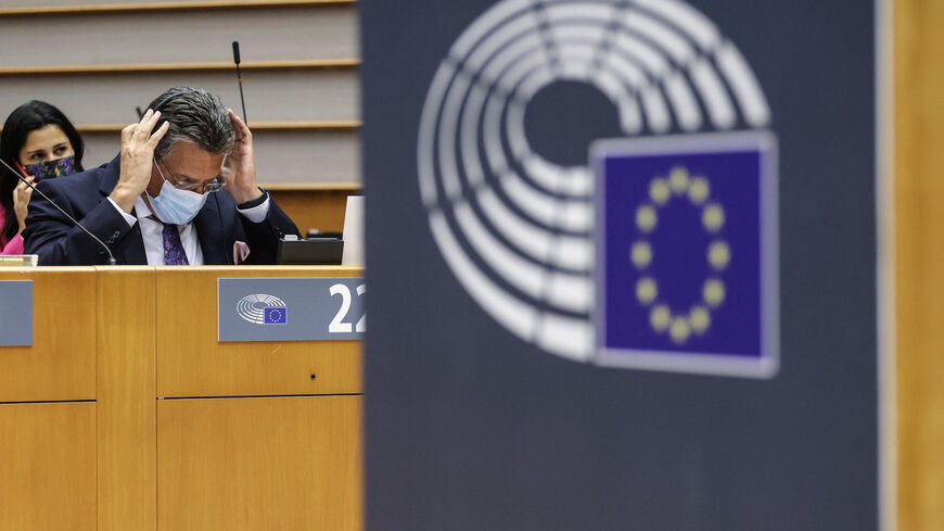 European Commission vice president Maros Sefcovic gestures during the European Parliament plenary session to prepare the European Council meeting of June 24-25, in Brussels, on June 23, 2021.  