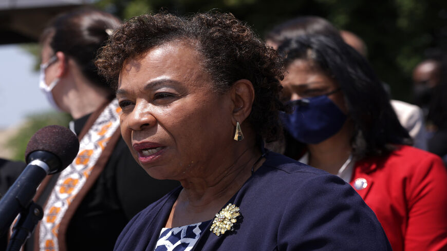 Rep. Barbara Lee (D-CA) participates in a news conference outside the US Capitol, Washington, May 20, 2021.