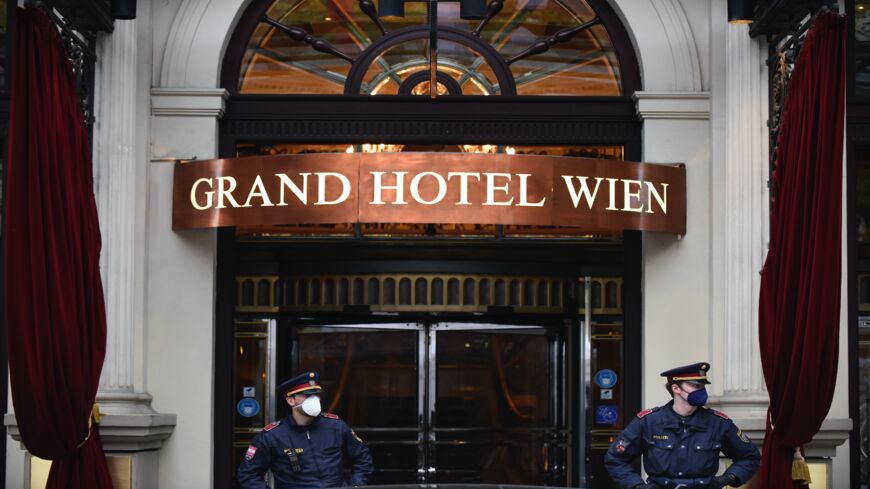Police guard the Grand Hotel on the day the JCPOA Iran nuclear talks are to resume on May 25, 2021, in Vienna, Austria. 