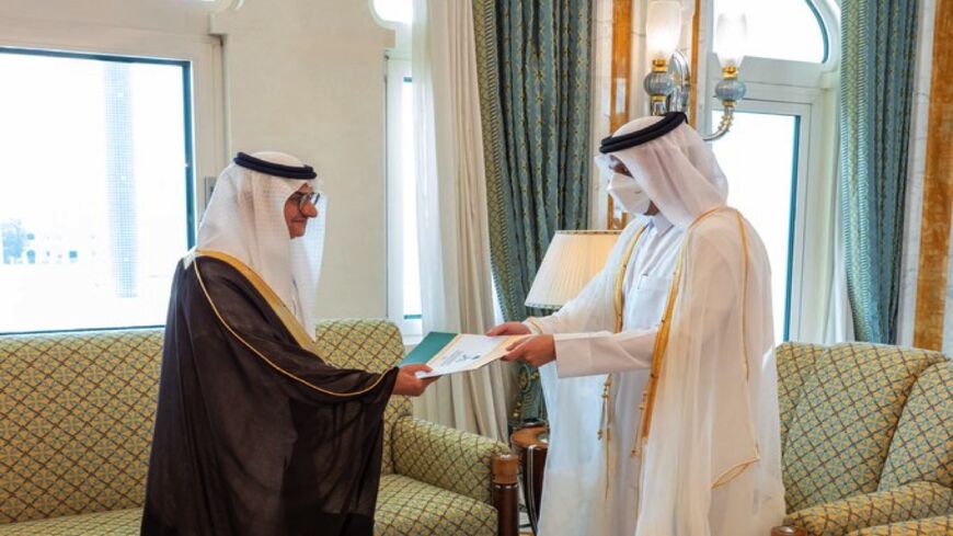 Qatar's deputy prime minister and minister of foreign affairs receives a copy of the credentials of the Ambassador of the Kingdom of Saudi Arabia to the State of Qatar Prince Mansour bin Khalid bin Farhan Al-Saud. 