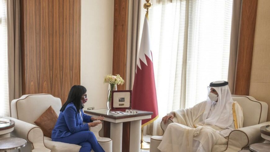 Venezuelan Vice President Delcy Rodriguez visits with Qatar Emir Emir Tamim bin Hamad Al Thani in this undated photo.