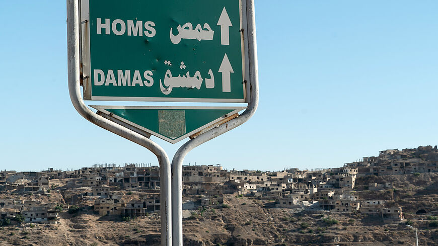 This picture shows a road sign in Rastan, central Homs province, Syria, Aug. 15, 2018.