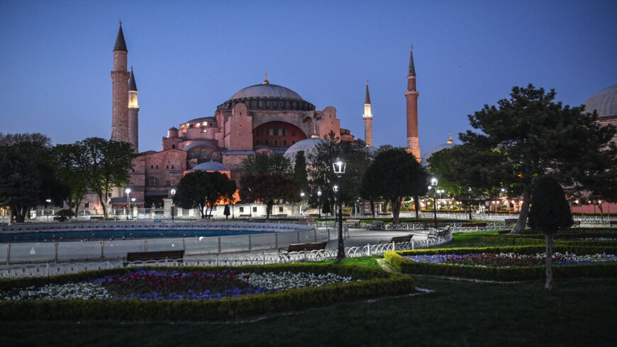 A picture taken on April 24, 2020, shows the Blue Mosque square with the Hagia Sophia museum in the background.