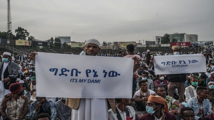 People hold placards to express their support for Ethiopia's megadam on the Blue Nile River.