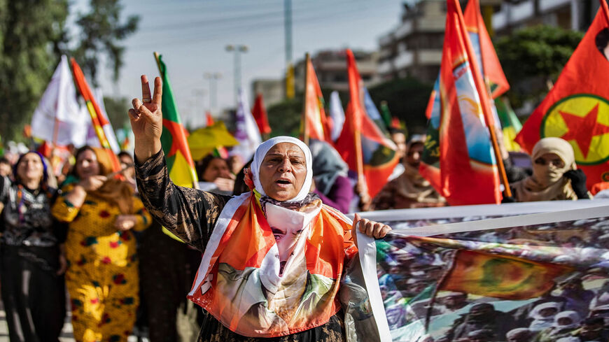 Syrian Kurds demonstrate against the Turkish offensive on Kurdistan Workers Party areas in northern Iraq, in the northeastern city of Qamishli, Syria, June 10, 2021.