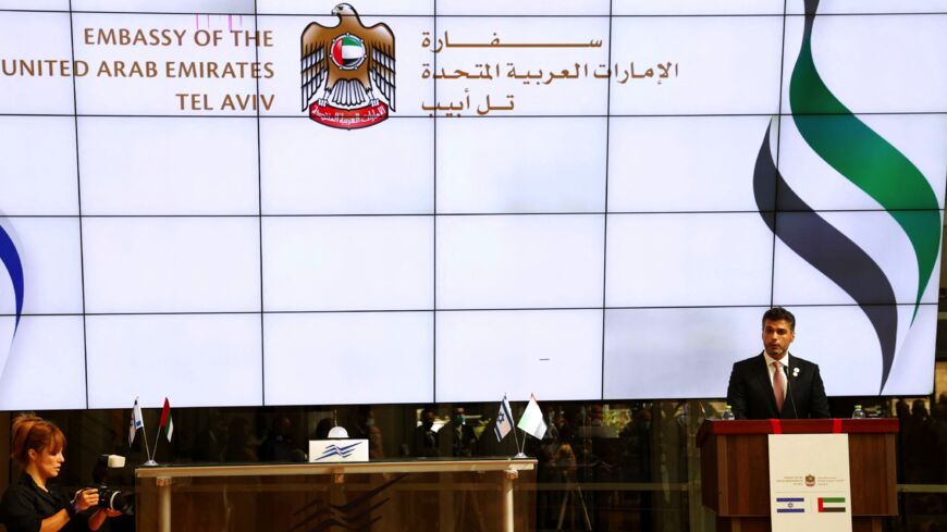 Emirati Ambassador to Israel Mohamed al-Khaja delivers a speech at the new UAE Embassy in Tel Aviv on July 14, 2021.