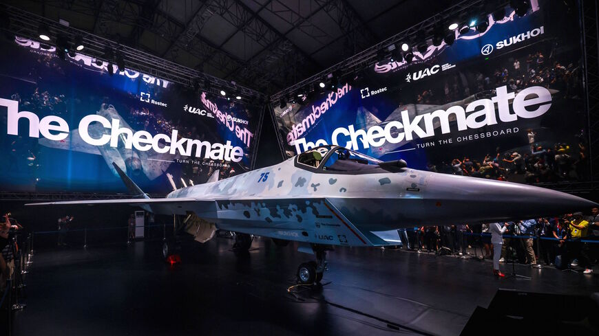 A prototype of Russia's new Sukhoi Checkmate Fighter is on display during the presentation at the MAKS 2021 International Aviation and Space Salon, in Zhukovsky, outside Moscow, on July 20, 2021.