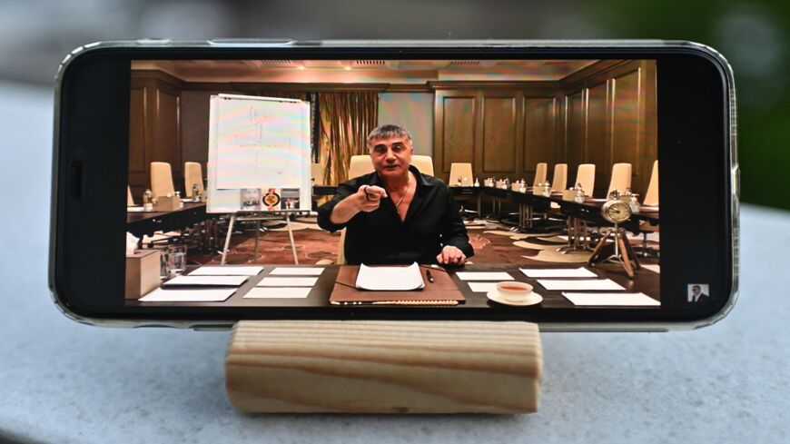 A photograph taken on May 26, 2021, in Istanbul shows Sedat Peker speaking on his YouTube channel. 