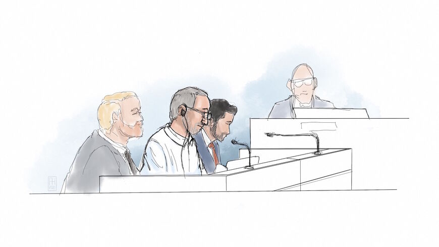 This courtroom sketch shows Iranian defendant Hamid Noury (2ndL) sitting in the District Court of Stockholm with his Defence Attorney Daniel Marcus (3rdL) on the opening of his trial for "war crimes and murder", on Aug. 10, 2021. 