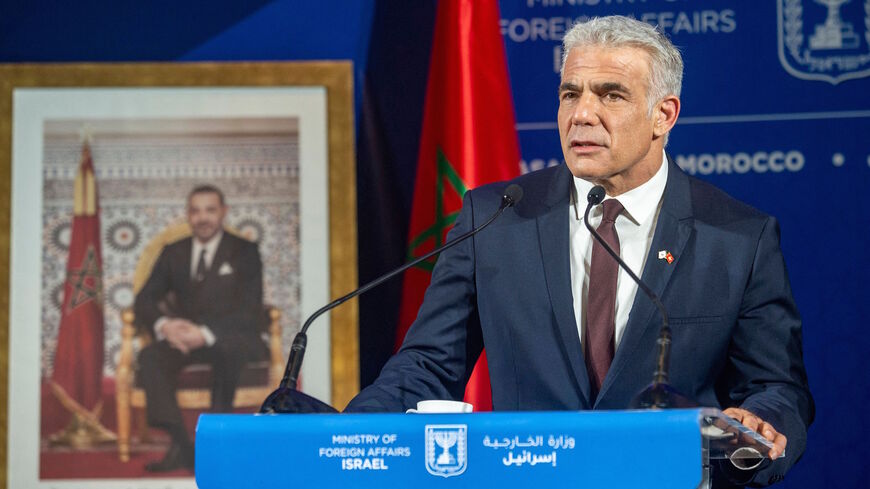 Israeli alternate prime minister and Foreign Minister Yair Lapid gives a news conference in the Western Moroccan city of Casablanca, on Aug. 12, 2021.