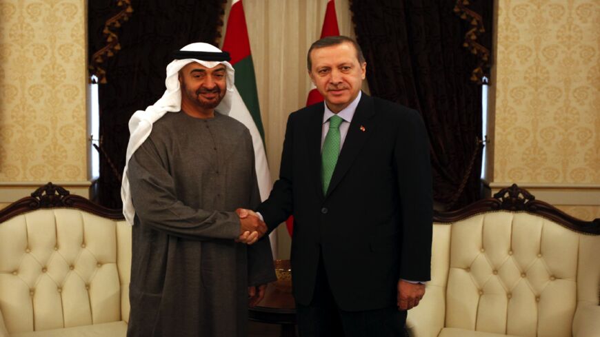 Abu Dhabi's Crown Prince Sheikh Mohammed bin Zayed al-Nahyan (L) shakes hands with Turkey's Prime Minister Recep Tayyip Erdogan before a meeting in Ankara on Feb. 28, 2012. 