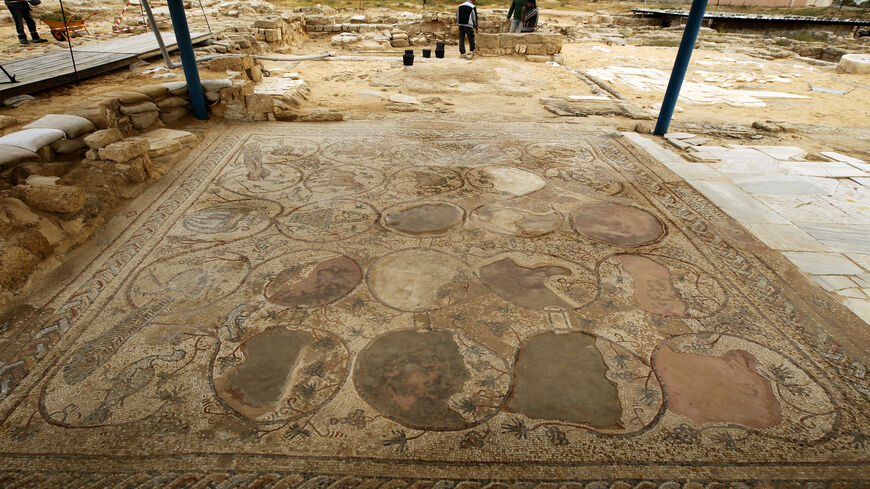 A large mosaic is pictured at the archaeological site of the Saint Hilarion Monastery, one of the largest Christian monasteries in the Middle East, in Tell Umm al-Amr close to Deir al-Balah, in the central Gaza Strip, March 19, 2013.