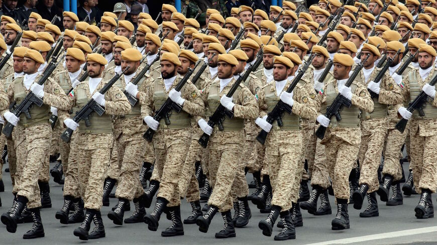 Iranian soldiers march during a military parade as they mark the country's annual army day in Tehran, on April 18, 2019. 