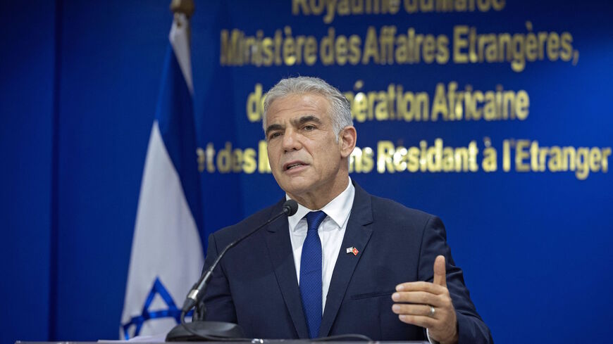 Israeli Foreign Minister Yair Lapid is pictured during a press briefing with his Moroccan counterpart, in Rabat on Aug. 11, 2021. 
