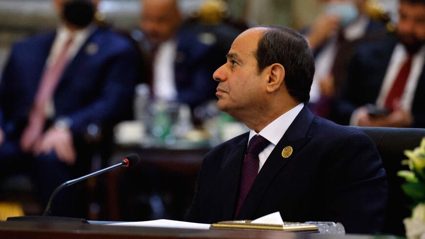 Egypt's President Abdel Fattah al-Sisi speaks during the Baghdad conference in the Iraqi capital on Aug. 28, 2021.